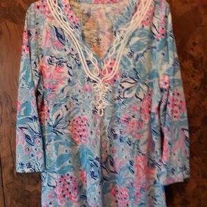 Lilly Pulitzer Blue, Pink & Navy Floral Tunic with White Trim